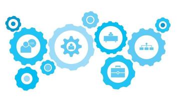 Connected gears and vector icons for logistic, service, shipping, distribution, transport, market, communicate concepts. structure gear blue icon set on white background