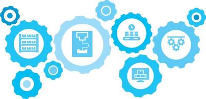 Connected gears and vector icons for logistic, service, shipping, distribution, transport, market, communicate concepts. Mass, production, process gear blue icon set on white background