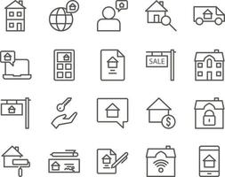 app, house, mobile set vector icons. Real estate icon set. Simple Set of Real Estate Related Vector Line Icons. Contains such Icons as Map, Plan, Bedrooms on white background