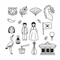 cultura y tradiciones de Corea. conjunto vector ilustraciones. asiático países. garabatear icono. mano dibujado bosquejo.