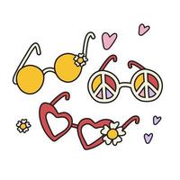 Set of psychedelic glasses in retro hippie style. Classic Woodstock Sixties Subculture Clothes. vector