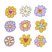 Set of retro groovy hippie flowers. Collection of different flowers in a hippie style. vector