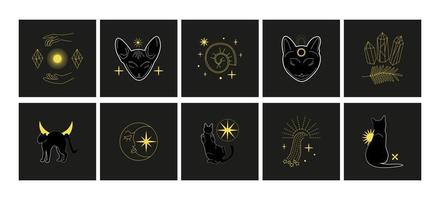 Set of magic mysterious cards, logos, prints. Black cat, hands gestures, crystals, celestial symbols. Witch, esoteric, wizard. vector