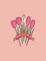 Bouquet with tulips and ribbon. Retro floral illustration. Great for stickers, cards, invitations, posters. vector