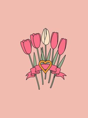 Bouquet with tulips and ribbon. Retro floral illustration. Great for stickers, cards, invitations, posters.