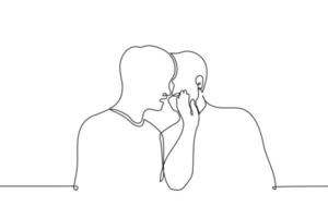 man whispering in ear to shocked man who opened his mouth - one line drawing vector. the concept gossip vector