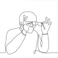 man is holding a pair of glasses that is trying to examine something. one line drawing trying to see carefully in detail vector