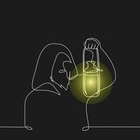 old bearded man in a hood holding a lantern - one line drawing vector. the concept an old medieval monk in a cassock illuminates with a lamp vector