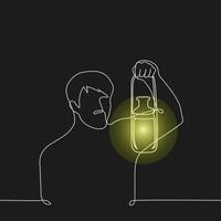 man in darkness holding vintage lantern with flame - one line drawing vector. the concept vintage light vector