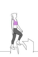 mujer en ropa de deporte y Zapatos sube escalera - uno línea dibujo vector. concepto atleta en un simulador escalera, un rueda de andar en el formar de un escalera vector