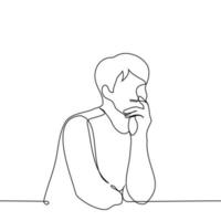 man sits leaning his chin on his palm thinking - one line drawing vector. concept reflection, introspection vector