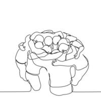 crowd of young people stood in a circle and hugged - one line drawing vector. concept strong team or team building vector