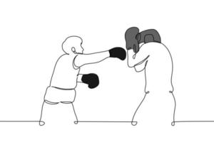 male boxer training with trainer - one line drawing vector. the concept of practicing boxing punches, learn to attack vector