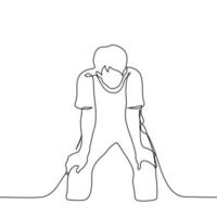 man stands in a half crouch resting his palms on hips - one line drawing vector. fatigue concept, sit down to get a better look vector