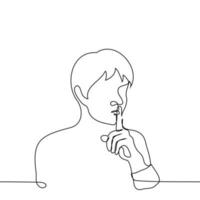 man with a bob haircut put her index finger to her closed mouth - one line drawing vector. concept of the call of silence, the vow of silence, men's silence vector