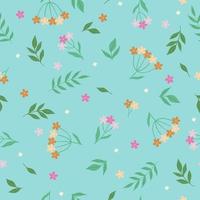 Seamless pattern with simple flowers and leaves. Vector graphics.