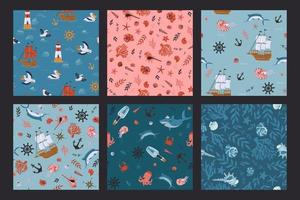 A set of six seamless patterns with a marine theme. Vector graphics.