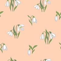 Seamless pattern with snowdrop flowers on a beige background. Vector graphics.