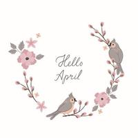 Round spring frame with pink flowers and birds isolated on white background. Vector graphics.