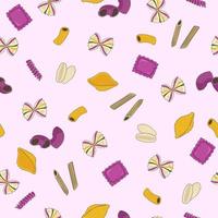 Seamless pattern with colored pasta in different shapes. Vector graphics