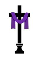 Christian cross with purple fabric icon. Holy Week symbol. Flat vector illustration