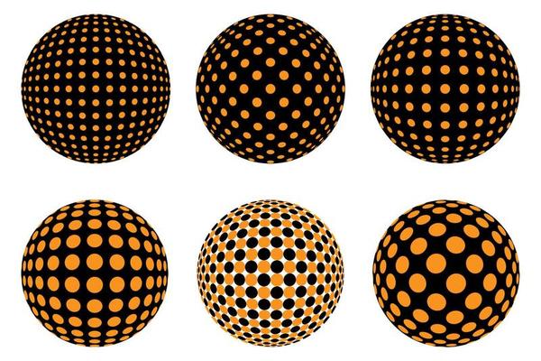 Set of Decorative Dotted spheres isolated. 3D style Abstract balls with circle patterns. Vector illustration
