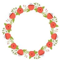 Vector wreath with leaves and pink flowers. Floral frame for celebrations. Flower round border copy space. Romantic design for greeting cards and invitations. Elegant text template with spring plants.