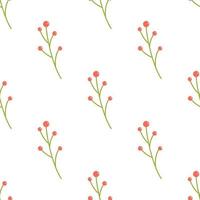Vector floral seamless pattern with red berries. Berries on green stems on white background. Spring botanical pattern in flat design.