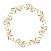 Vector wreath with green leaves and striped pink flowers. Floral frame for celebrations. Flower round border copy space. Romantic design for greeting cards. Text template with spring plants.