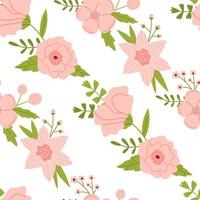 Vector floral seamless pattern. Soft pink flowers on white background. Botanical illustration.