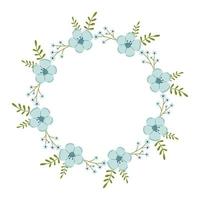 Vector wreath with blue flowers and green leaves. Floral round frame for celebrations. Flower circle border copy space. Romantic design for greeting cards. Text template with spring plants.