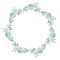 Vector wreath with blue leaves and flowers. Floral frame for celebrations. Flower round border copy space. Romantic design for greeting cards. Text template with spring plants.