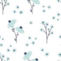 Vector floral seamless pattern with blue wildflowers. Flowers with dark blue stems on white background. Spring botanical pattern. Blue flowers in flat design.