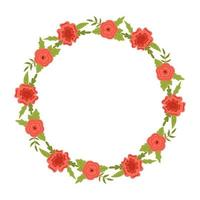 Vector wreath with leaves and red flowers. Floral frame for text. Flower round border copy space. Romantic design for greeting cards and invitations. Elegant text template with blossom flowers.