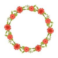 Vector wreath with leaves and red flowers. Floral frame for text. Flower round border copy space. Romantic design for greeting cards and invitations. Elegant text template with blossom flowers.