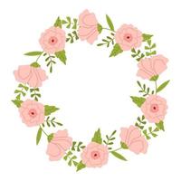 Vector wreath with leaves and pink flowers. Floral frame for wedding or birthday. Flower round border copy space. Romantic design for greeting cards and invitations. Elegant text template.