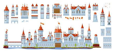 Medieval castle constructor, towers and walls set vector