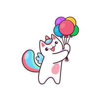 dibujos animados linda kawaii caticorn con aire globos vector