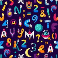 Kids space cartoon letters and numbers pattern vector