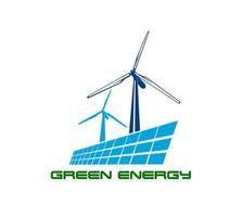 Wind turbine and solar panel, clean energy icon vector