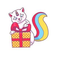 Cute cartoon caticorn character with gift box vector