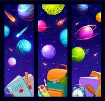 School banners, space landscape planets and comets