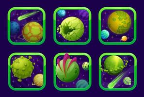 Cartoon space game, app icons with green planets vector