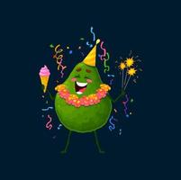 Avocado cartoon character at holiday party, vector