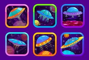 Cartoon space game app icons with UFO spaceships vector