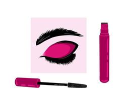 Mascara with brush, beautiful eye, long lashes. Illustration for backgrounds, covers and packaging. Image can be used for greeting cards, posters and stickers. Isolated on white background. vector
