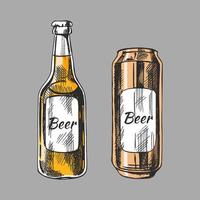 dibujado a mano bosquejo de cerveza lata y botella aislado en blanco antecedentes. vector Clásico grabado ilustración