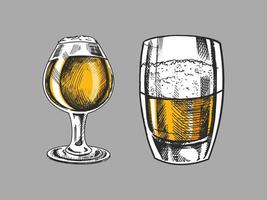 Hand-drawn sketch of beer mug and glass of beer isolated on white background. Vector vintage engraved illustration.