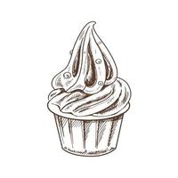 A hand-drawn sketch of frozen yogurt or soft ice cream in a cup. Vintage illustration. Element for the design of labels, packaging and postcards. vector