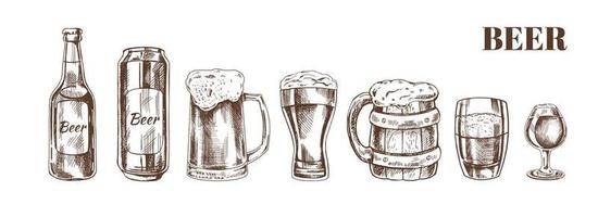 Hand-drawn sketch of beer can, beer bottle, beer glasses and beer glass and wooden mugs isolated on white background. Vector vintage engraved illustration
